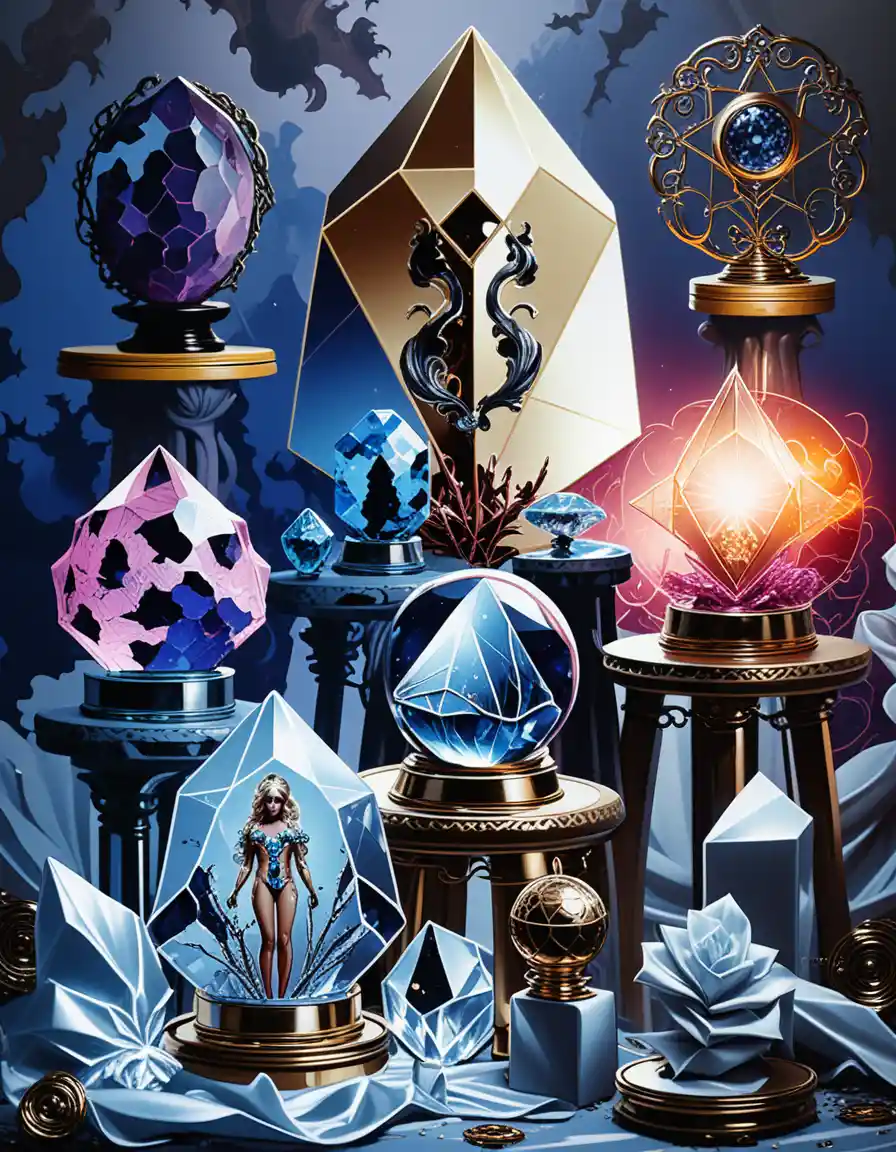 Mystische Kristallrelikte mit gefangenen Energiespirits auf Ausstellung