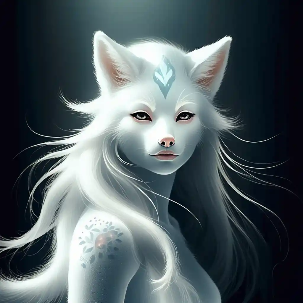Ethereal fox fae portrait in swirling winter snow