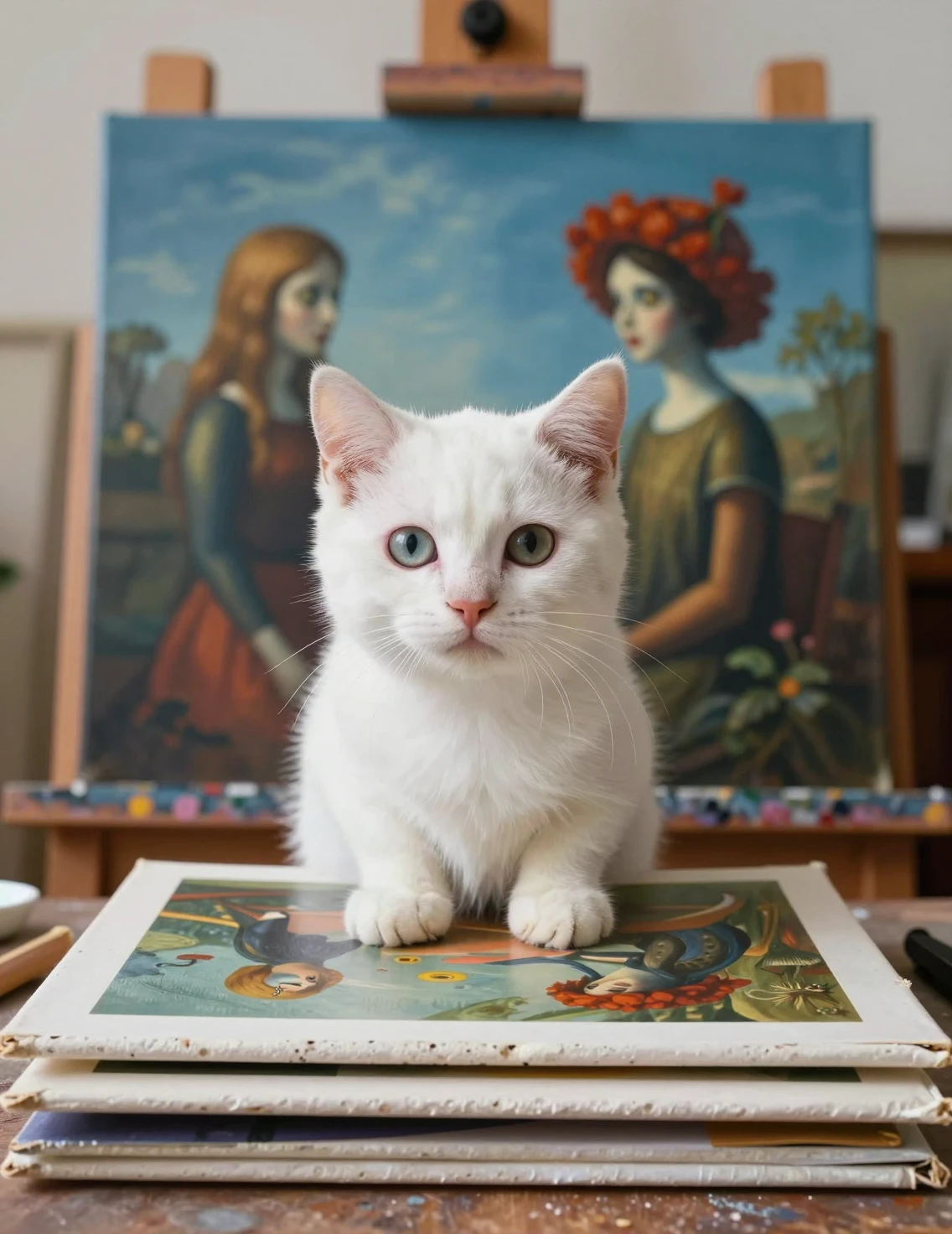 Gatito blanco asomándose entre arte surrealista en el estudio