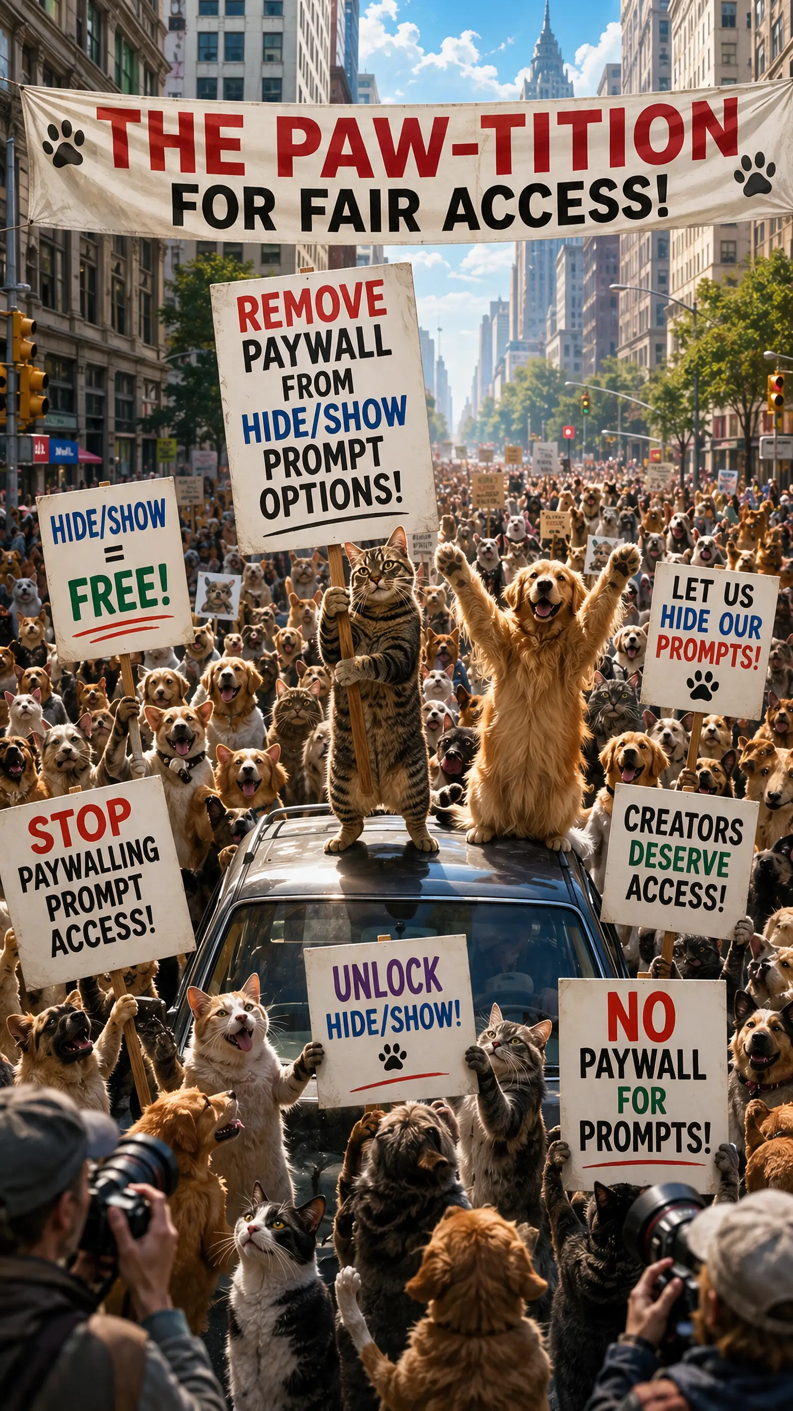 Protesta cinematográfica de gatos y perros inunda una calle concurrida de la ciudad