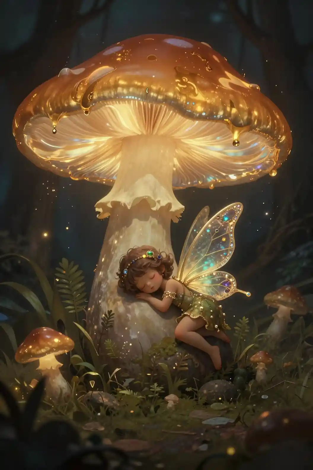 Sleeping fairy under glowing mushroom in enchanted forest