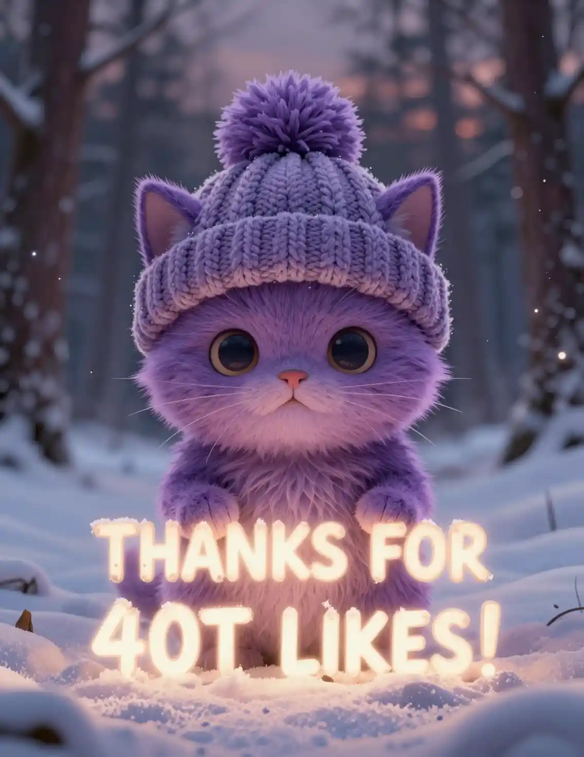 Cute purple cartoon cat in a snowy forest clearing