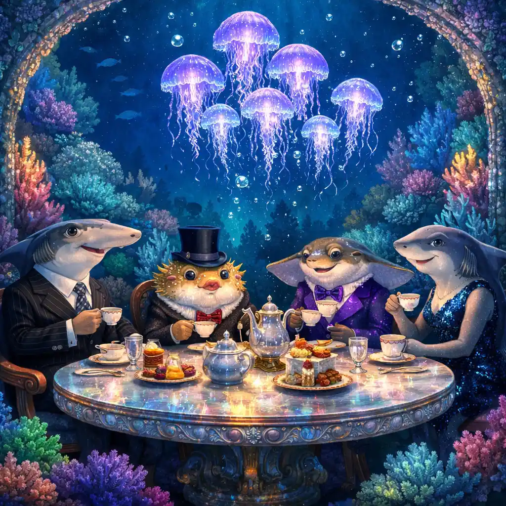 Underwater tea party with elegant anthropomorphic sea creatures