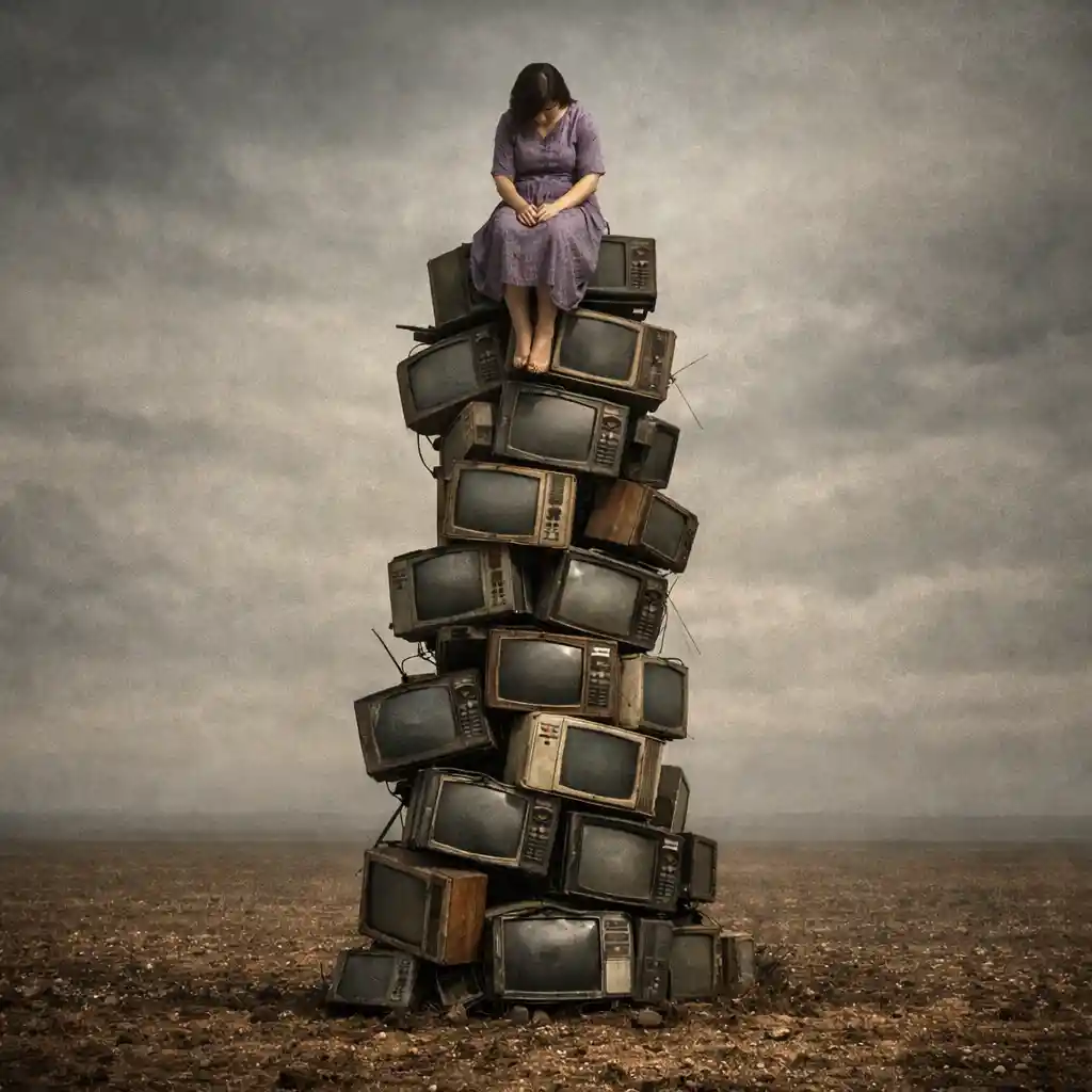 Mujer sobre una torre de televisores en un campo marrón desolado