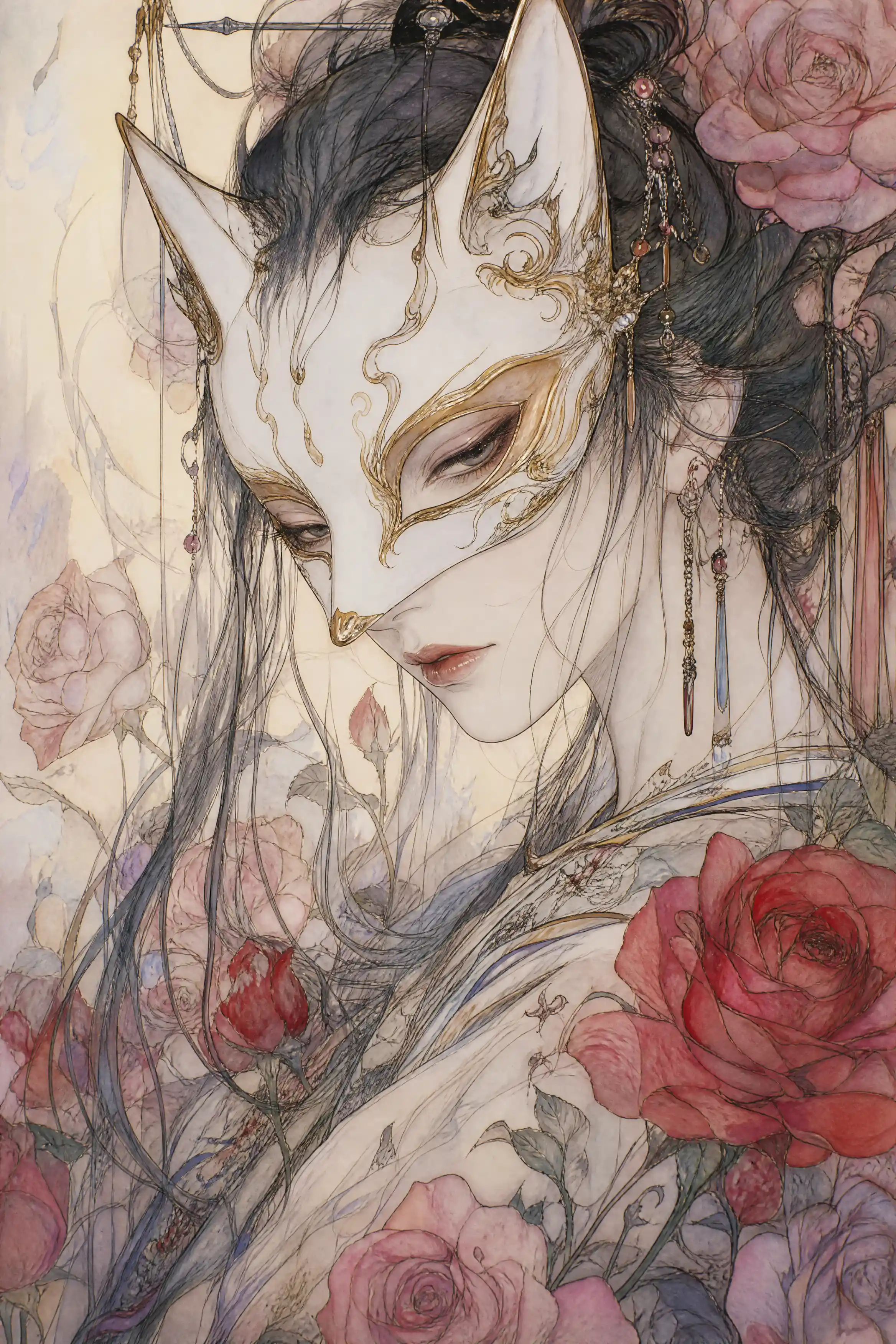 Ragazza mascherata circondata da delicate rose rosa e rosse