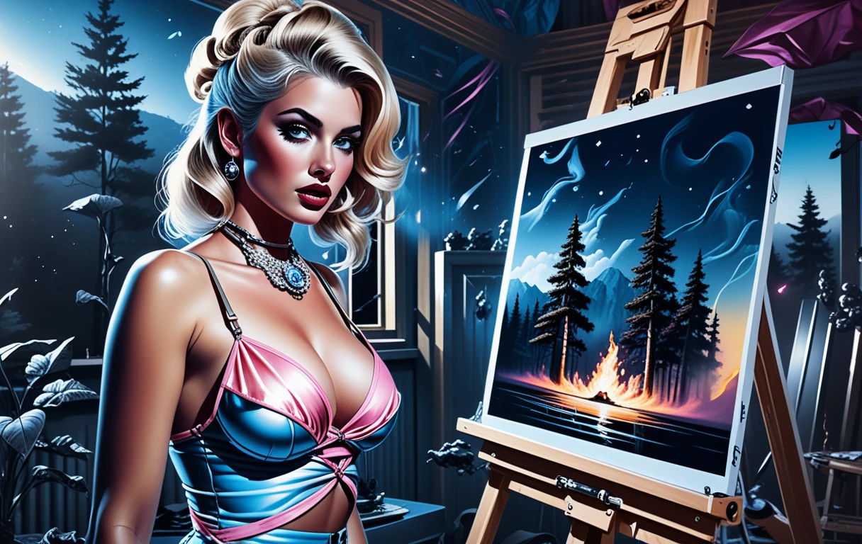 Blonde painter working on a forest fire canvas in studio