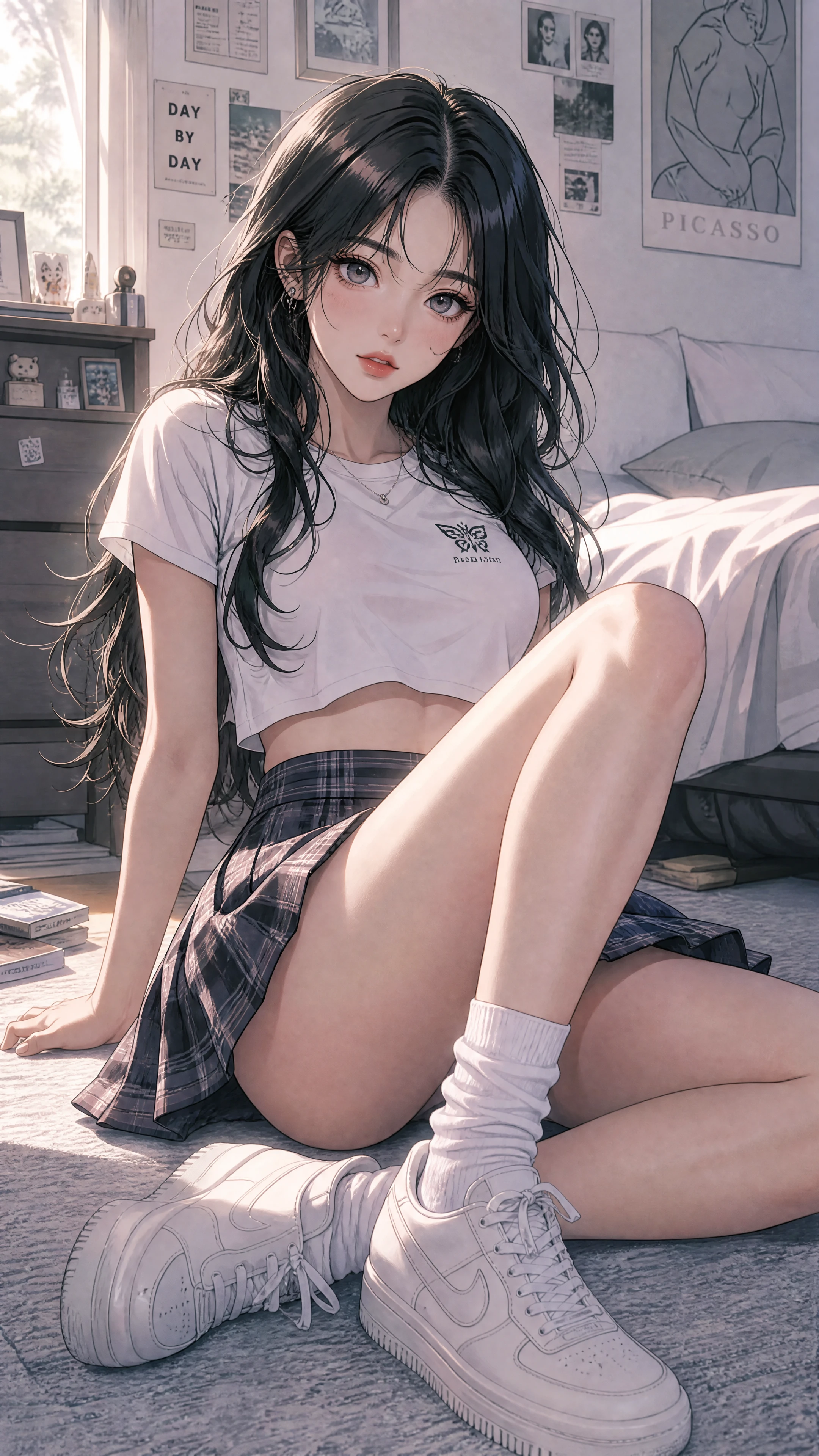 Chica de anime sentada en el suelo del dormitorio con ropa casual