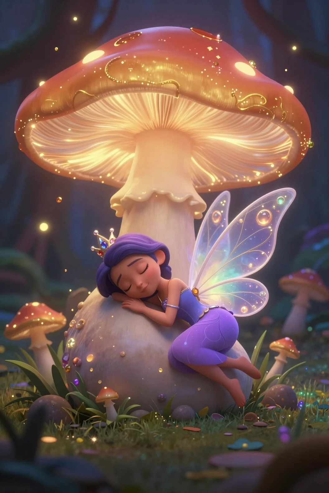 Fata viola addormentata sotto un fungo di cristallo luminoso