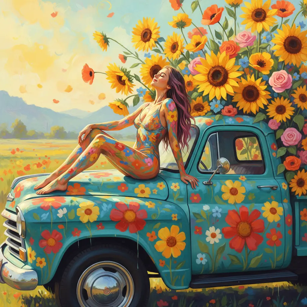 Serene floral woman resting on a vintage painted truck