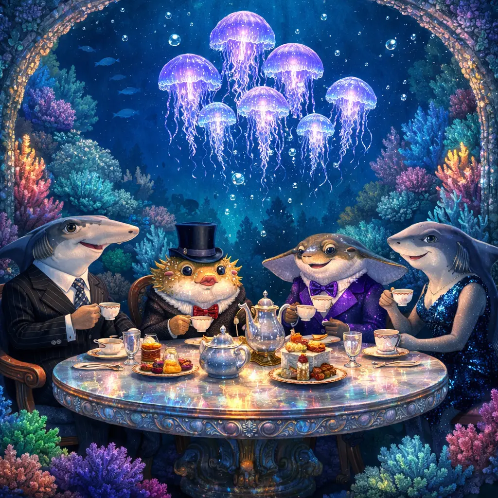 Unterwasser-Teeparty mit eleganten anthropomorphen Meereskreaturen