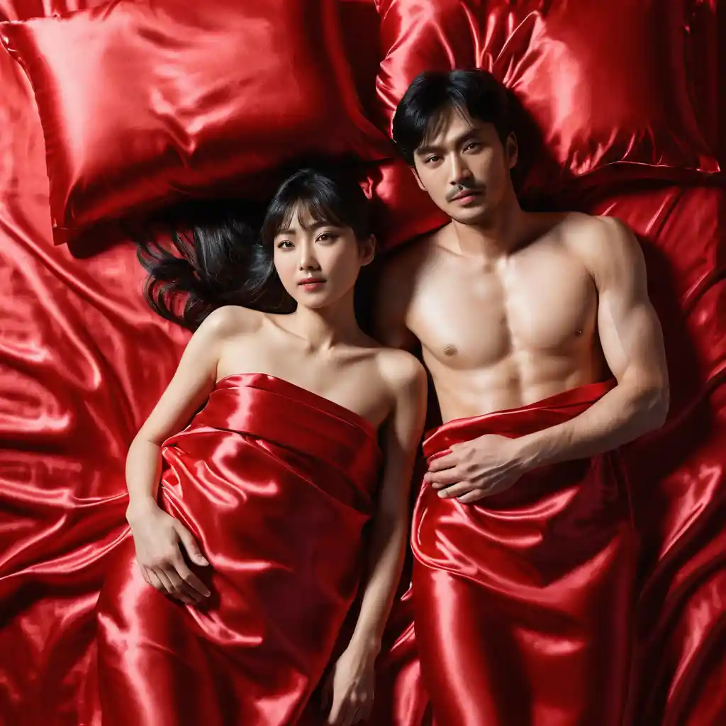 Japanese couple lying together on red satin bed