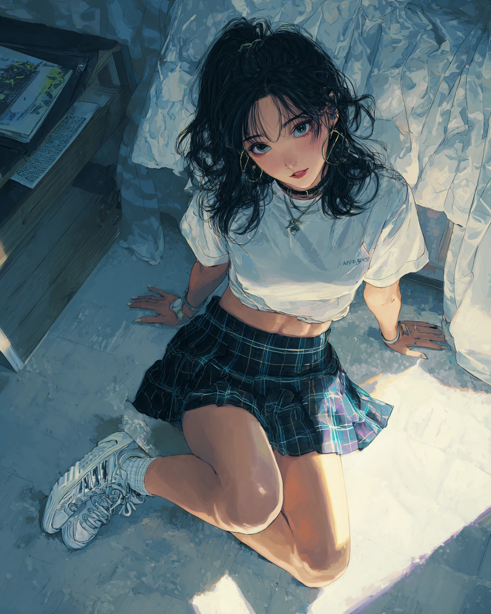 Garota de anime sentada no chão do quarto com roupa casual