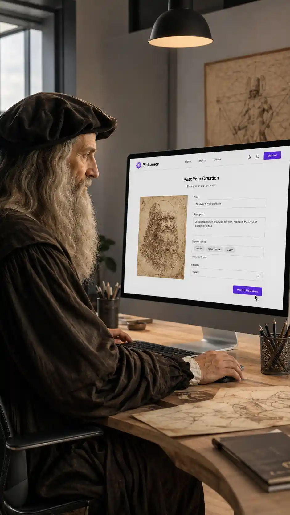 Homme de la Renaissance à un bureau d’ordinateur dans un bureau moderne