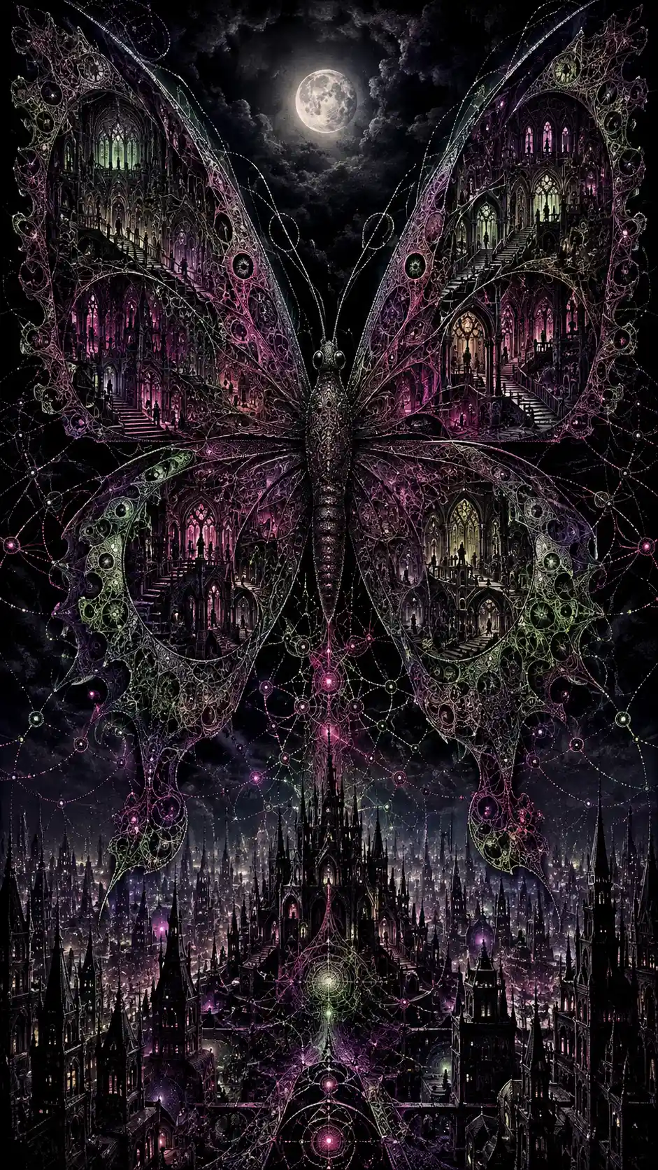 Gothic butterfly cathedral hovering above a moonlit city