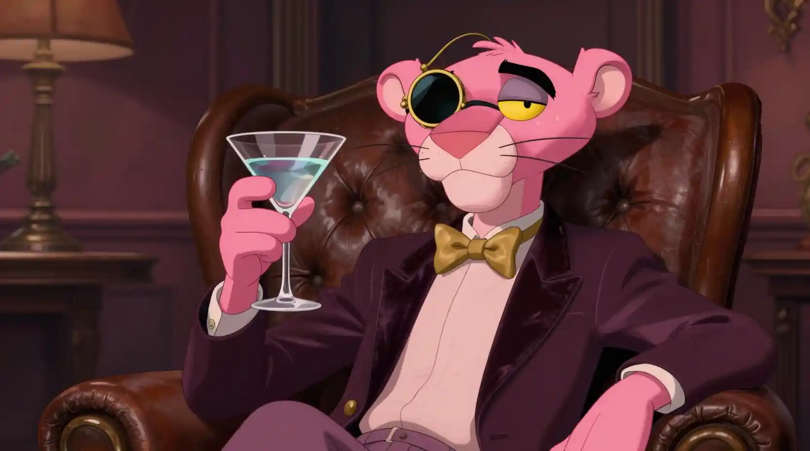 Sophisticated pink panther in velvet jacket with martini