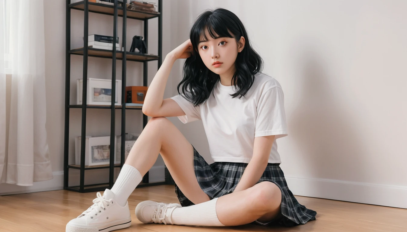 カジュアルな服装で寝室の床に座るアニメ少女