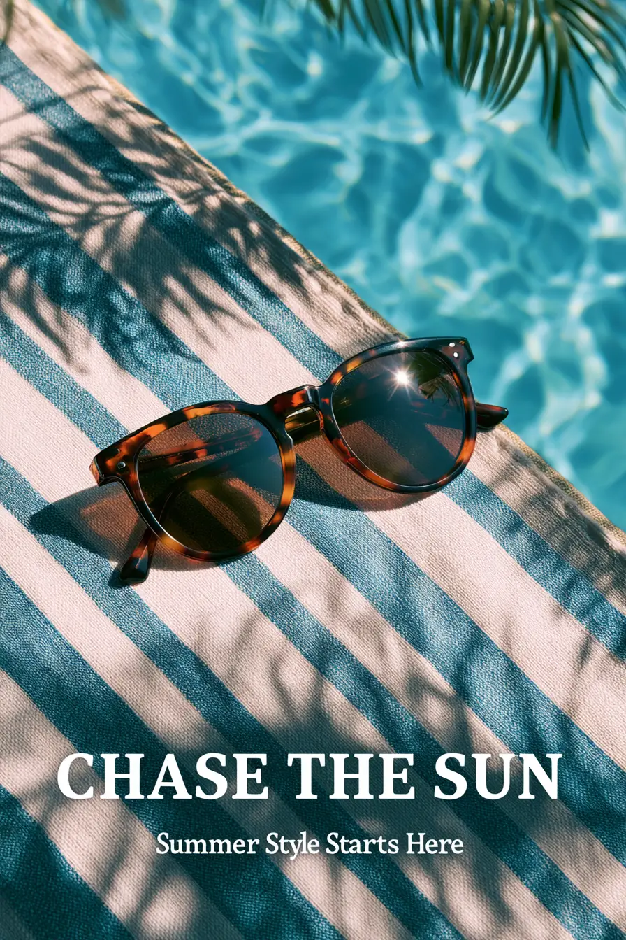 Stylish sunglasses on towel beside blue summer pool