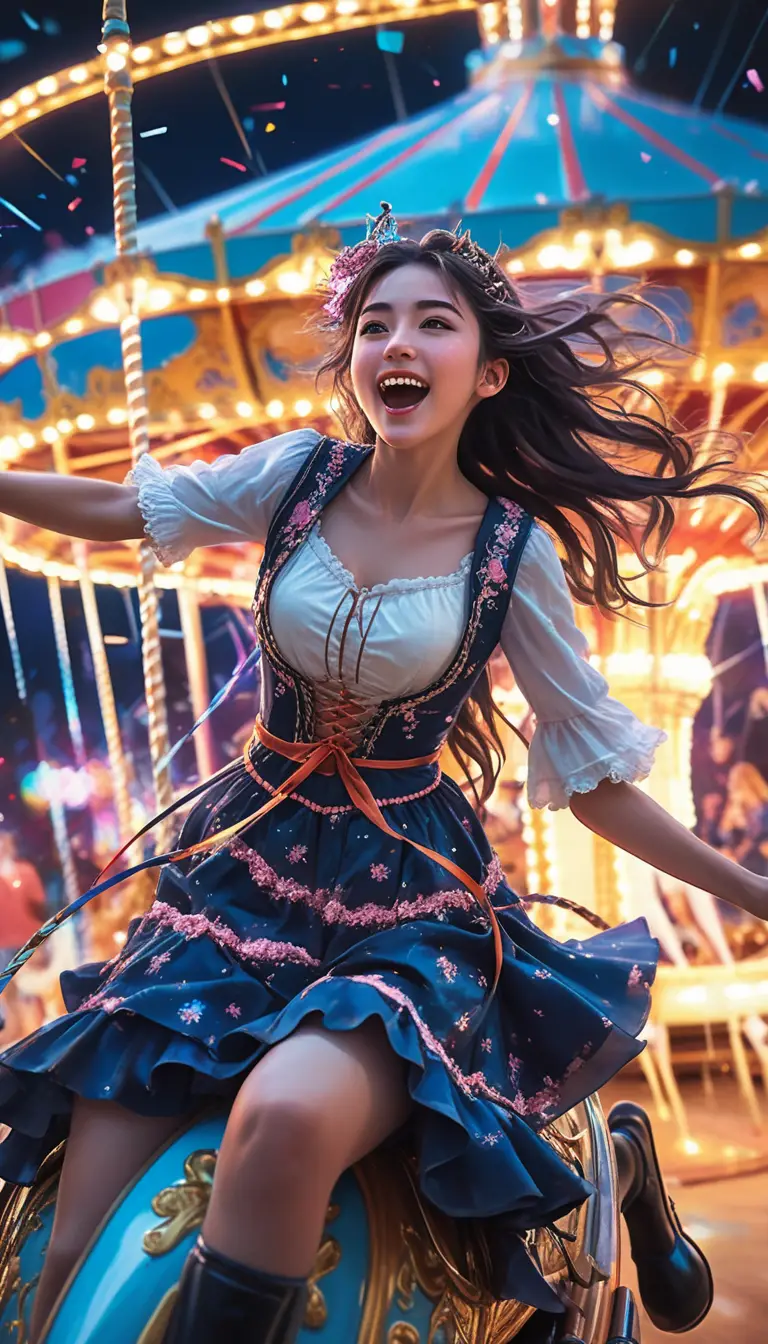 Joyful anime girl riding a carousel horse at night