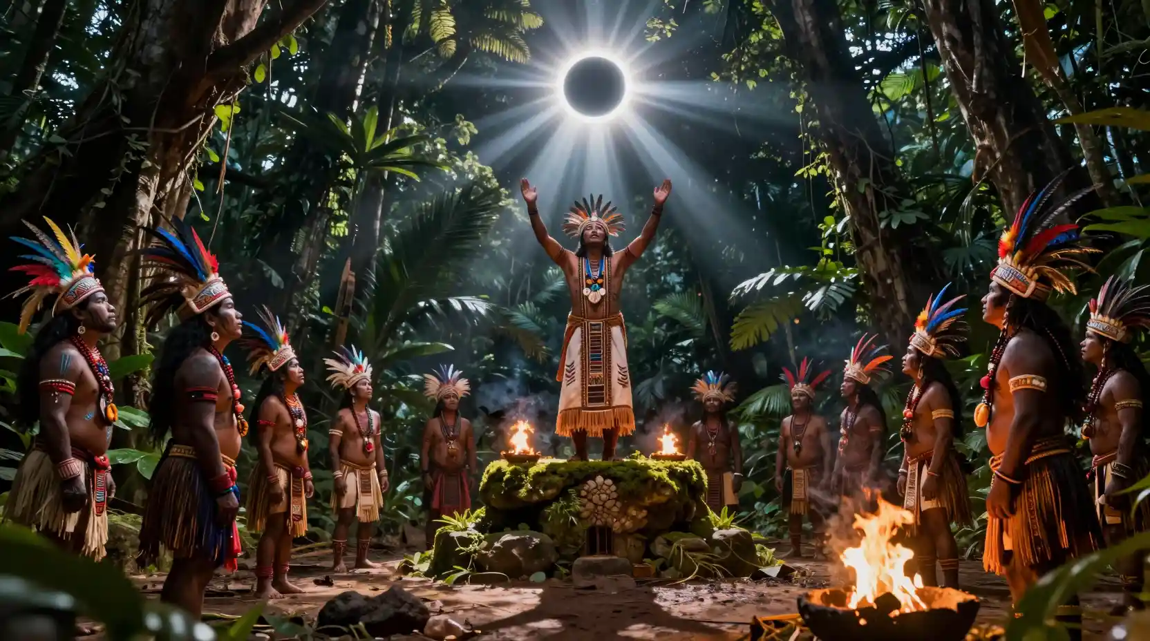Ancient jungle tribe ritual under a total solar eclipse