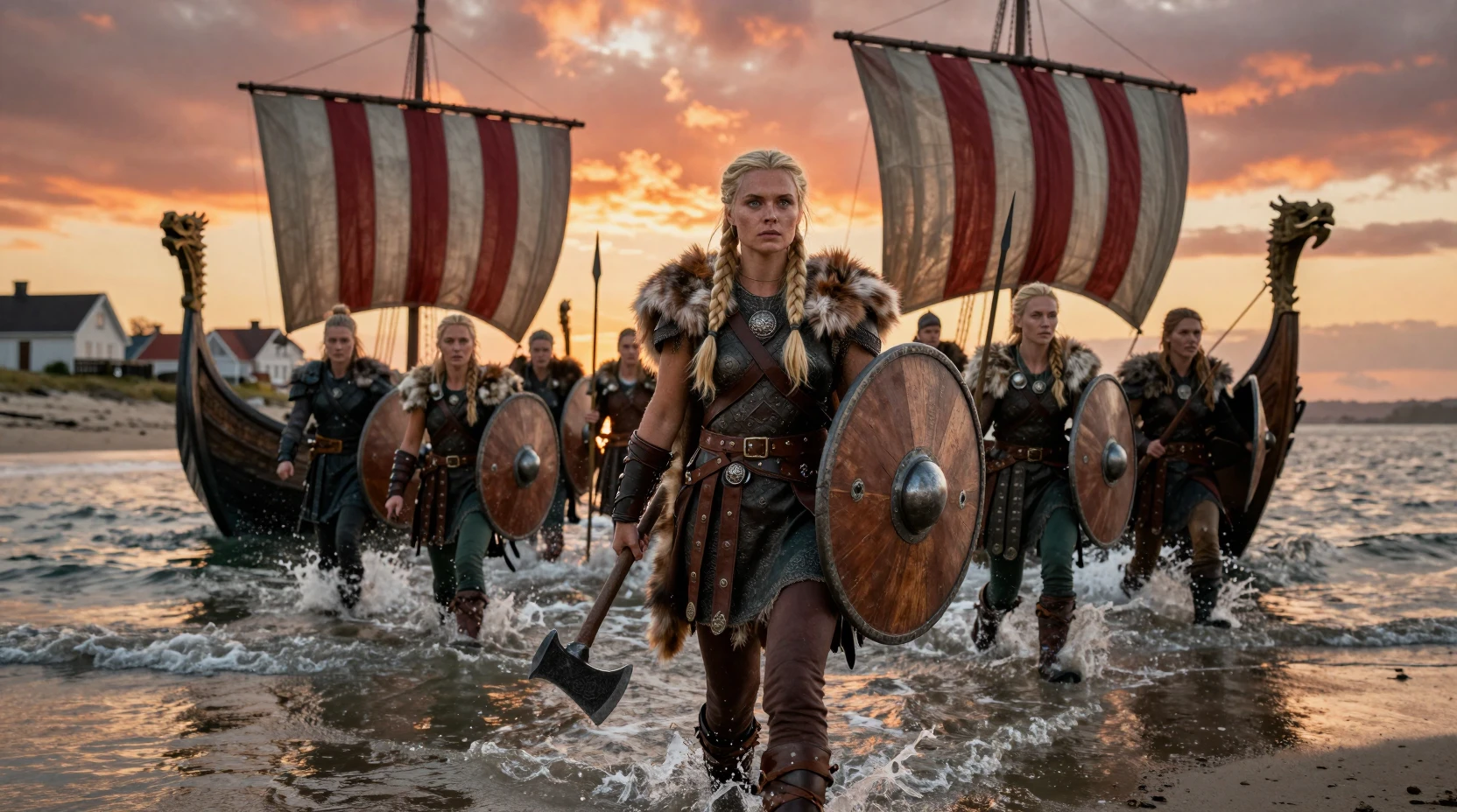 Viking warrior woman leading a beach landing at sunset