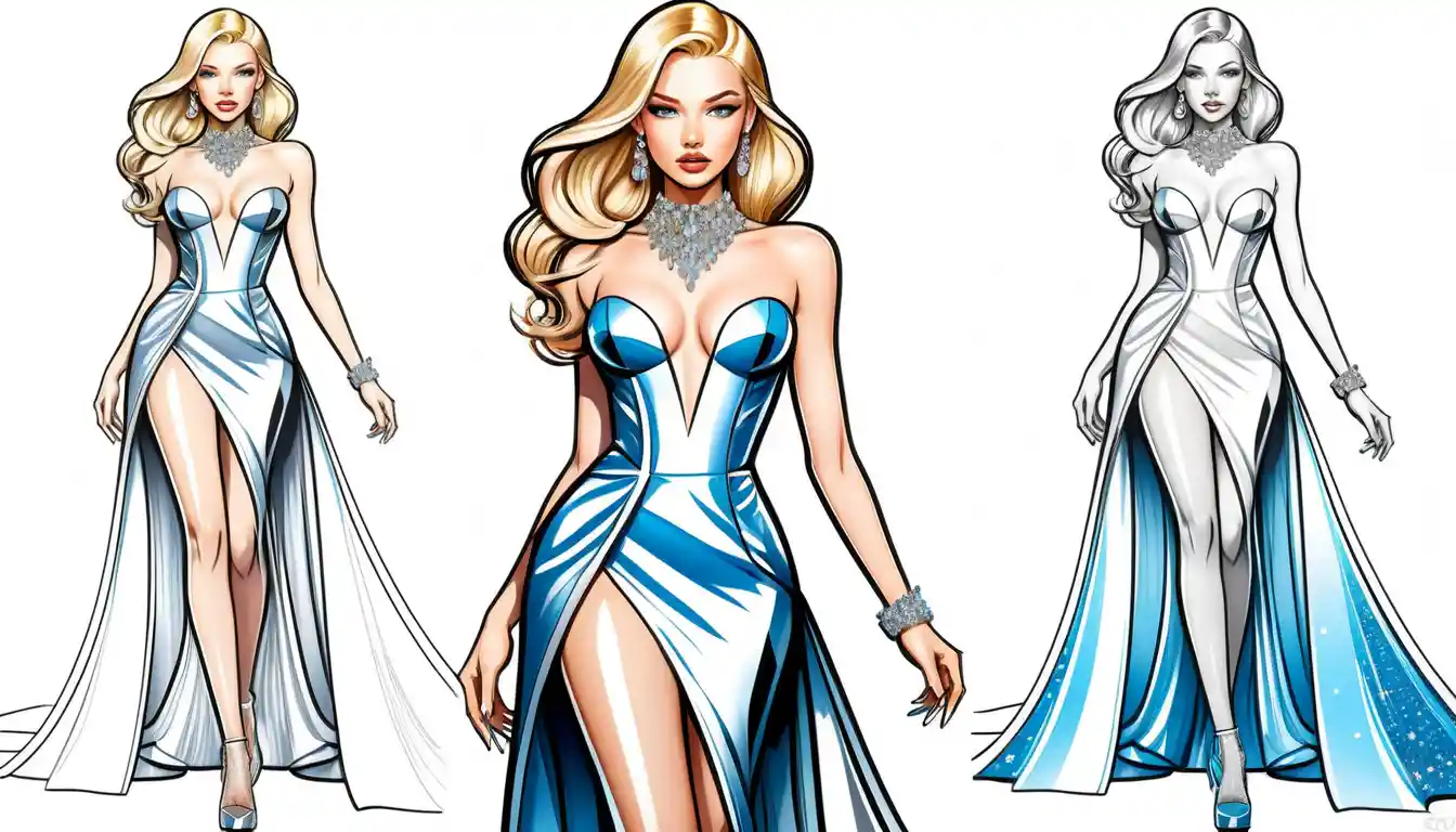 Personaje rubia de cuerpo completo con glamour en mini vestido de fiesta