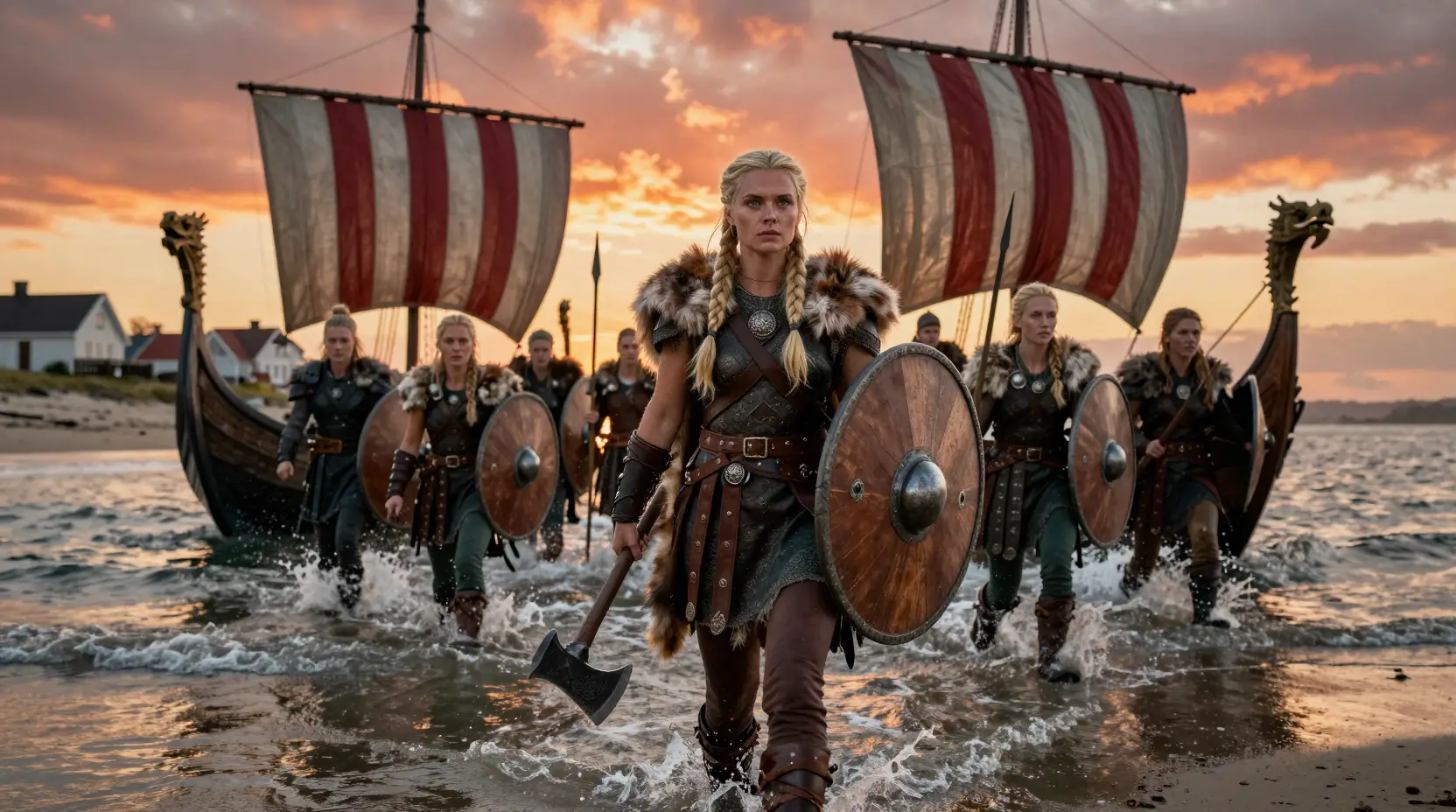 Viking warrior woman leading a beach landing at sunset