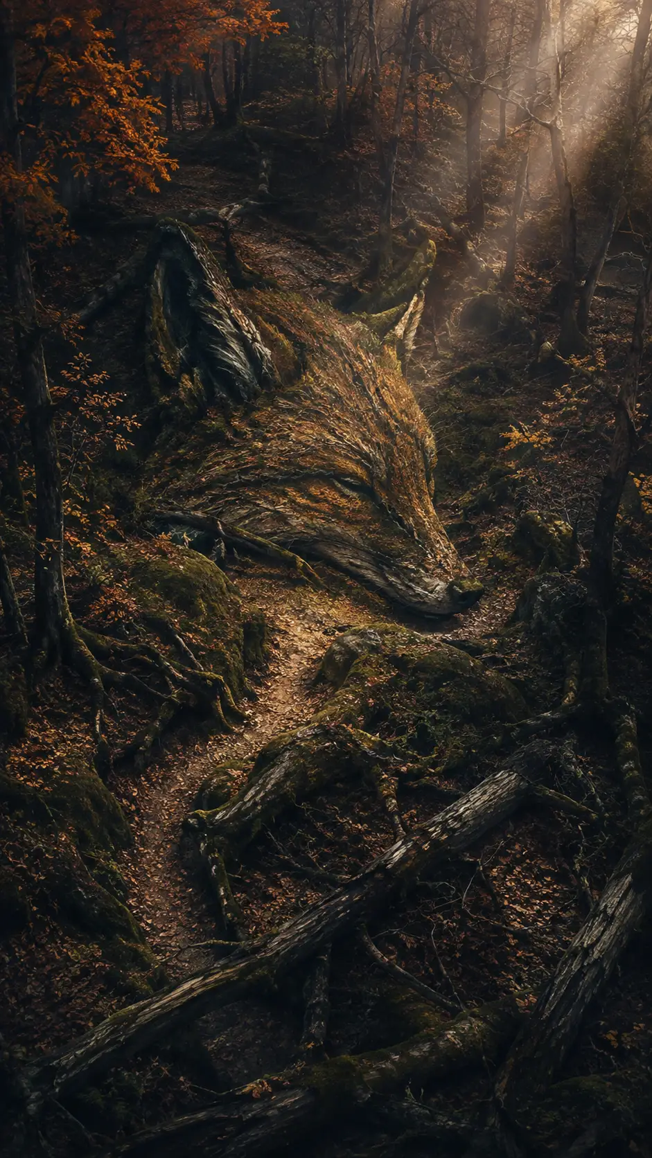 Surreal Autumn Forest Forming A Hidden Sleeping Fox Silhouette