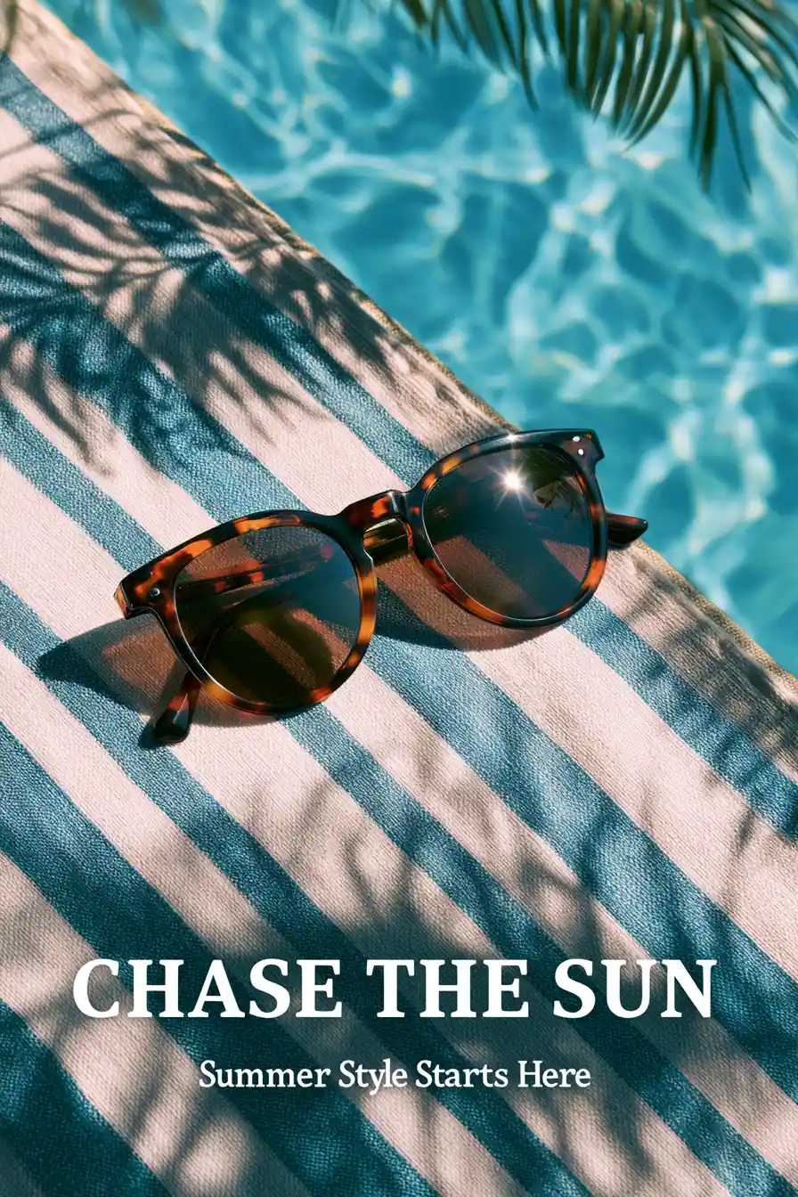 Stylish sunglasses on towel beside blue summer pool