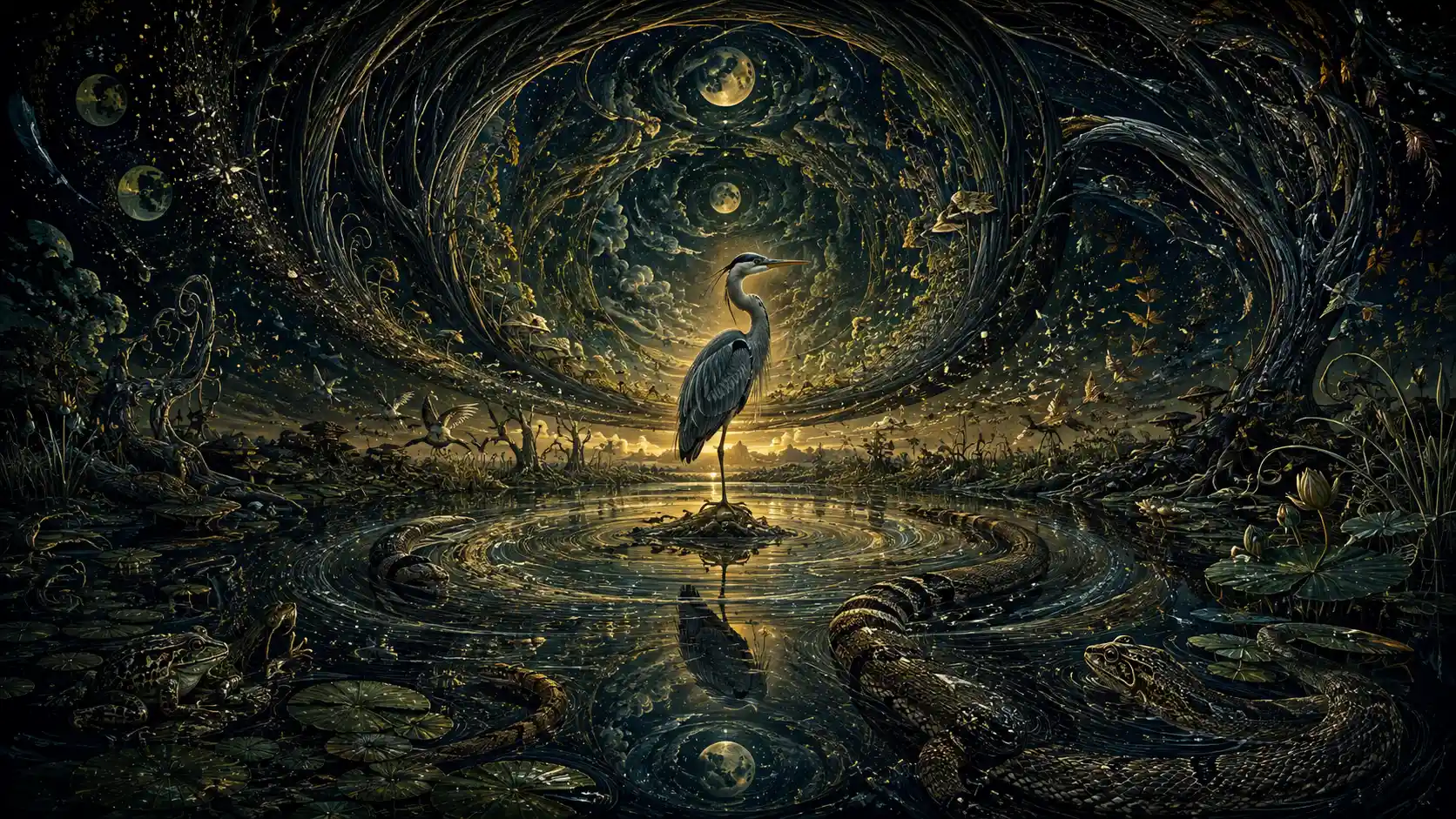 Solitary heron at the heart of an ancient wetland