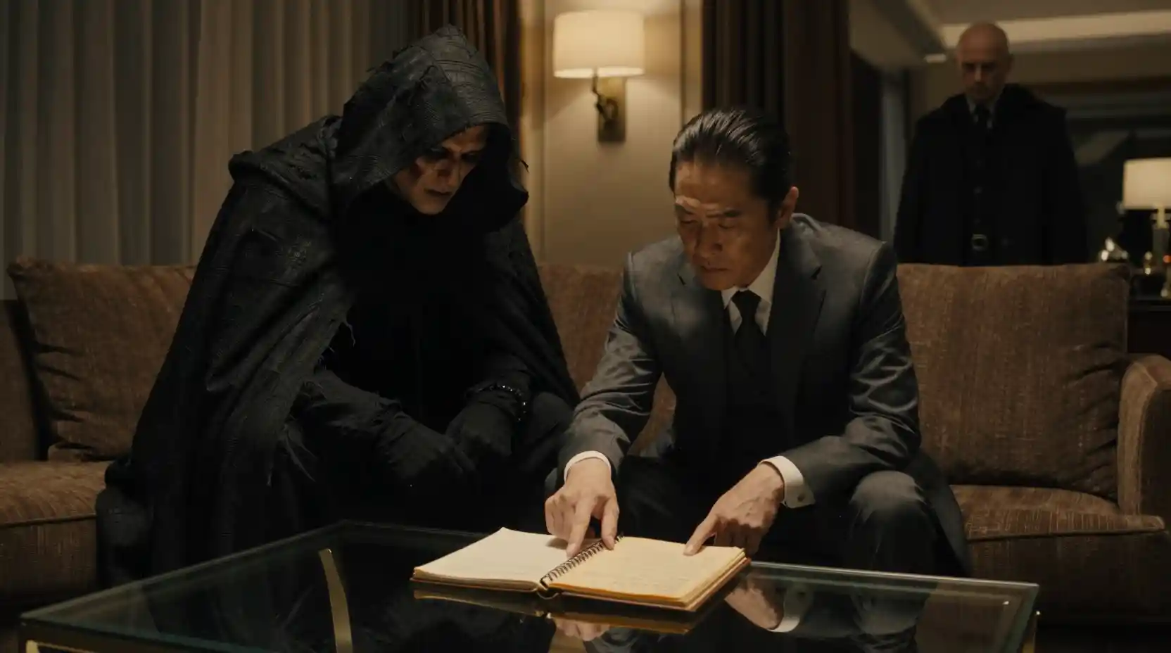 Gangster boss in dim vip suite with cloaked enforcers