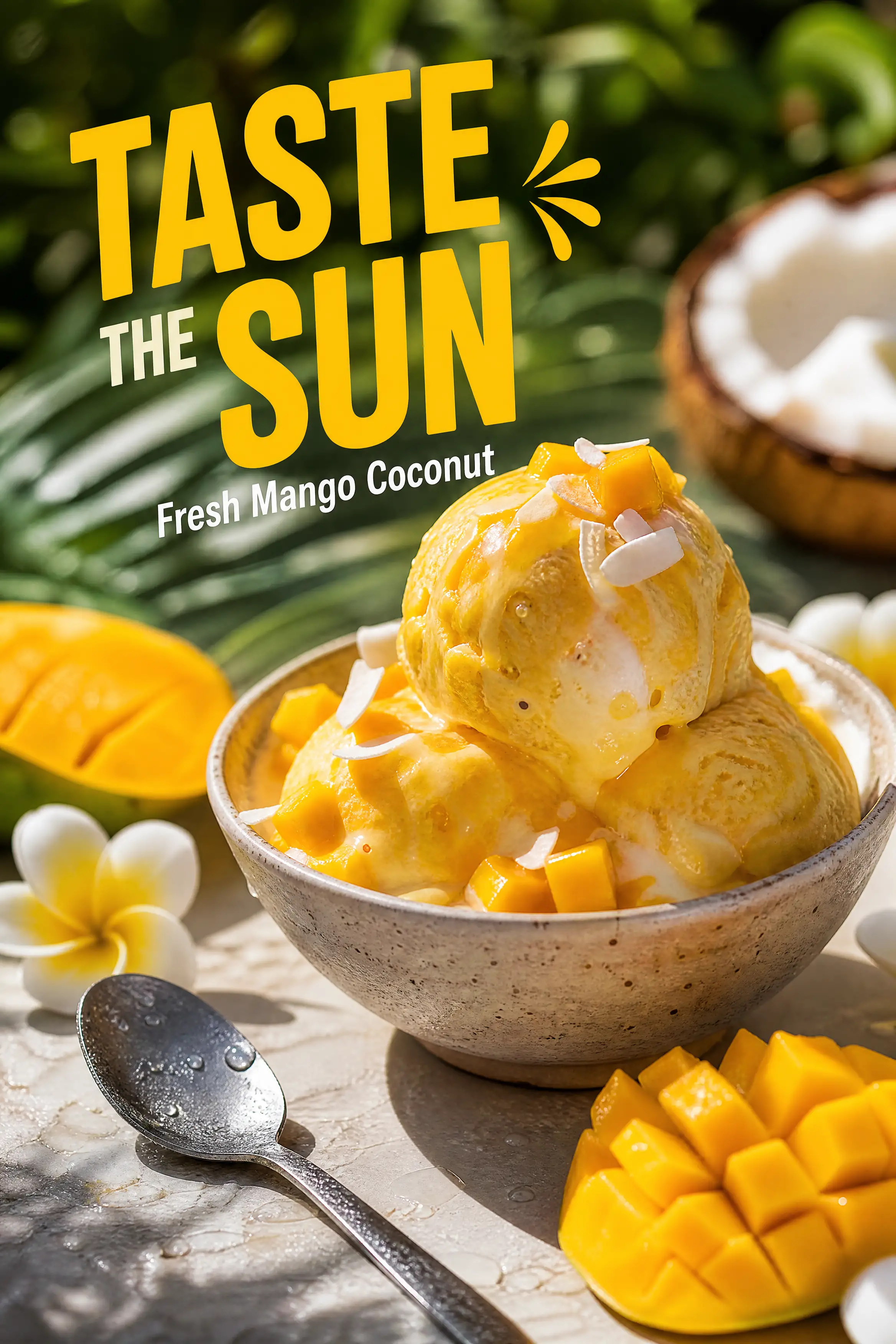 Summer garden mango coconut ice cream advertising poster