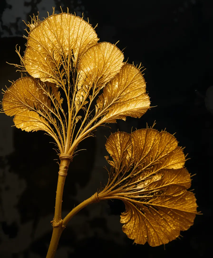 Close up golden ginkgo leaf stencil on black background