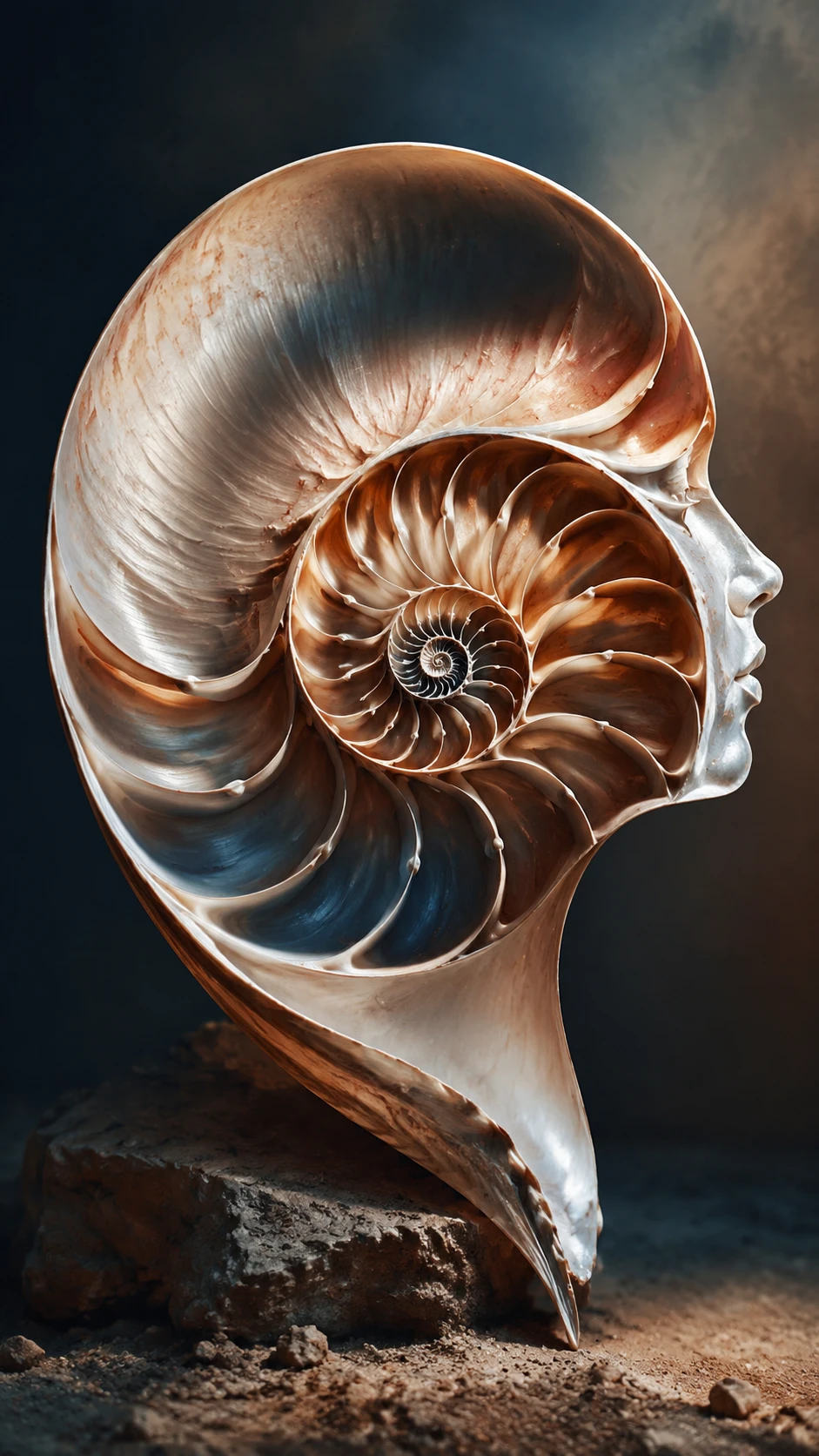 Concha de nautilus en espiral que forma un perfil femenino oculto