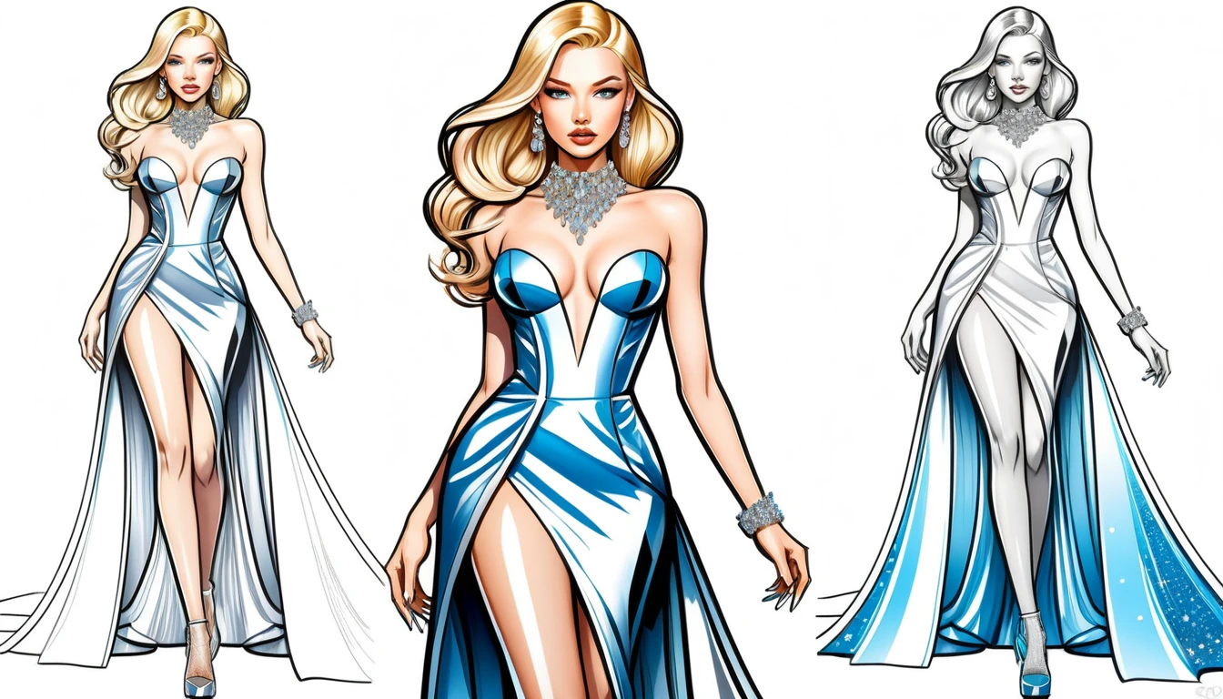 Personaje rubia de cuerpo completo con glamour en mini vestido de fiesta