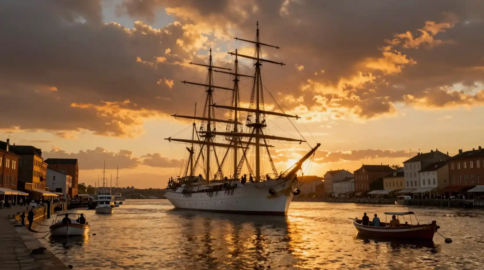 Gran velero en un puerto histórico al atardecer