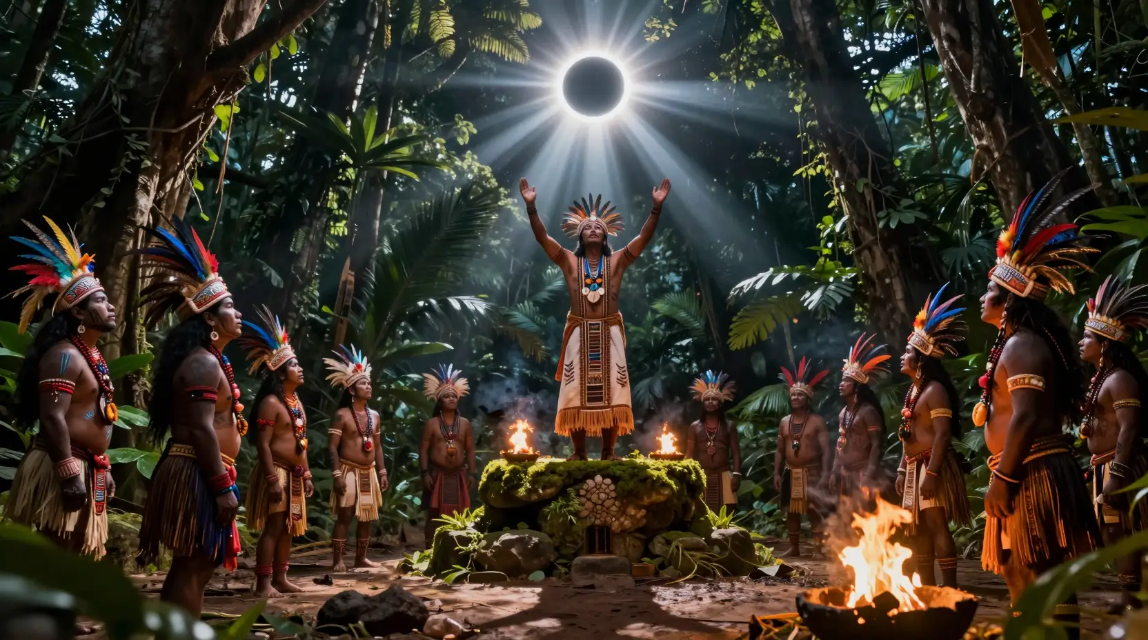 Ancient jungle tribe ritual under a total solar eclipse