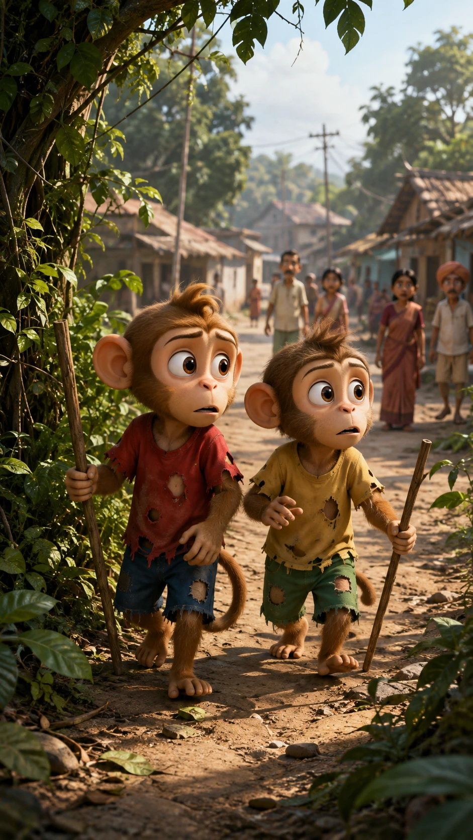 Two small monkeys enter a human village from forest