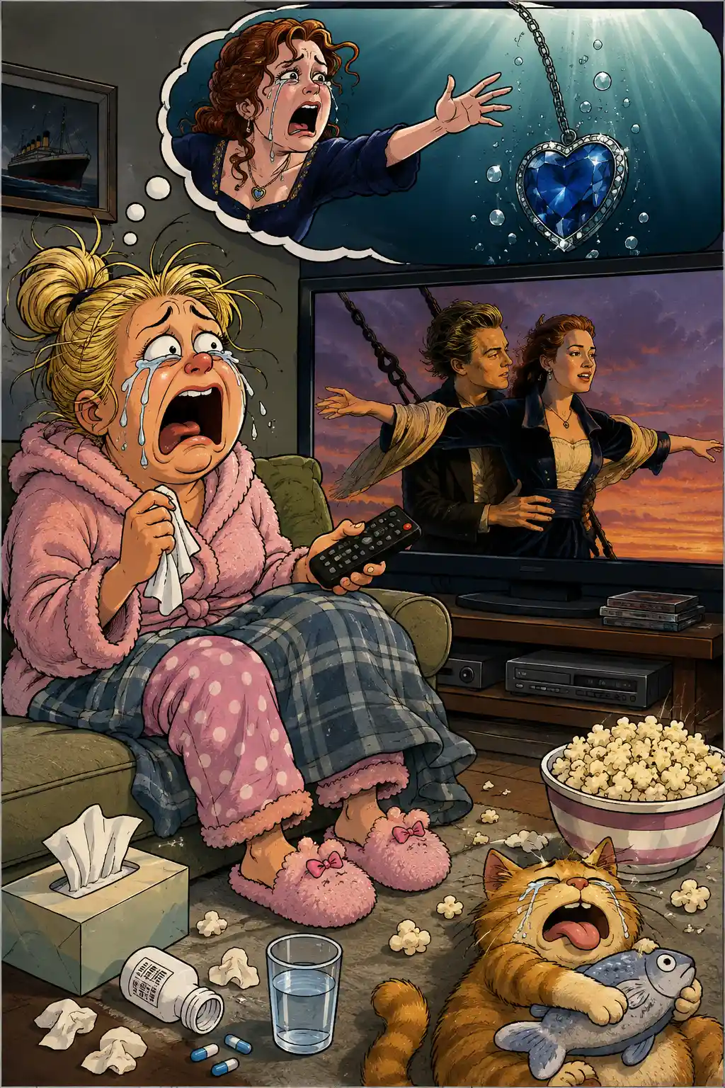 Verspielte Comic-Illustration inspiriert von einer sinkenden Saphir-Szene