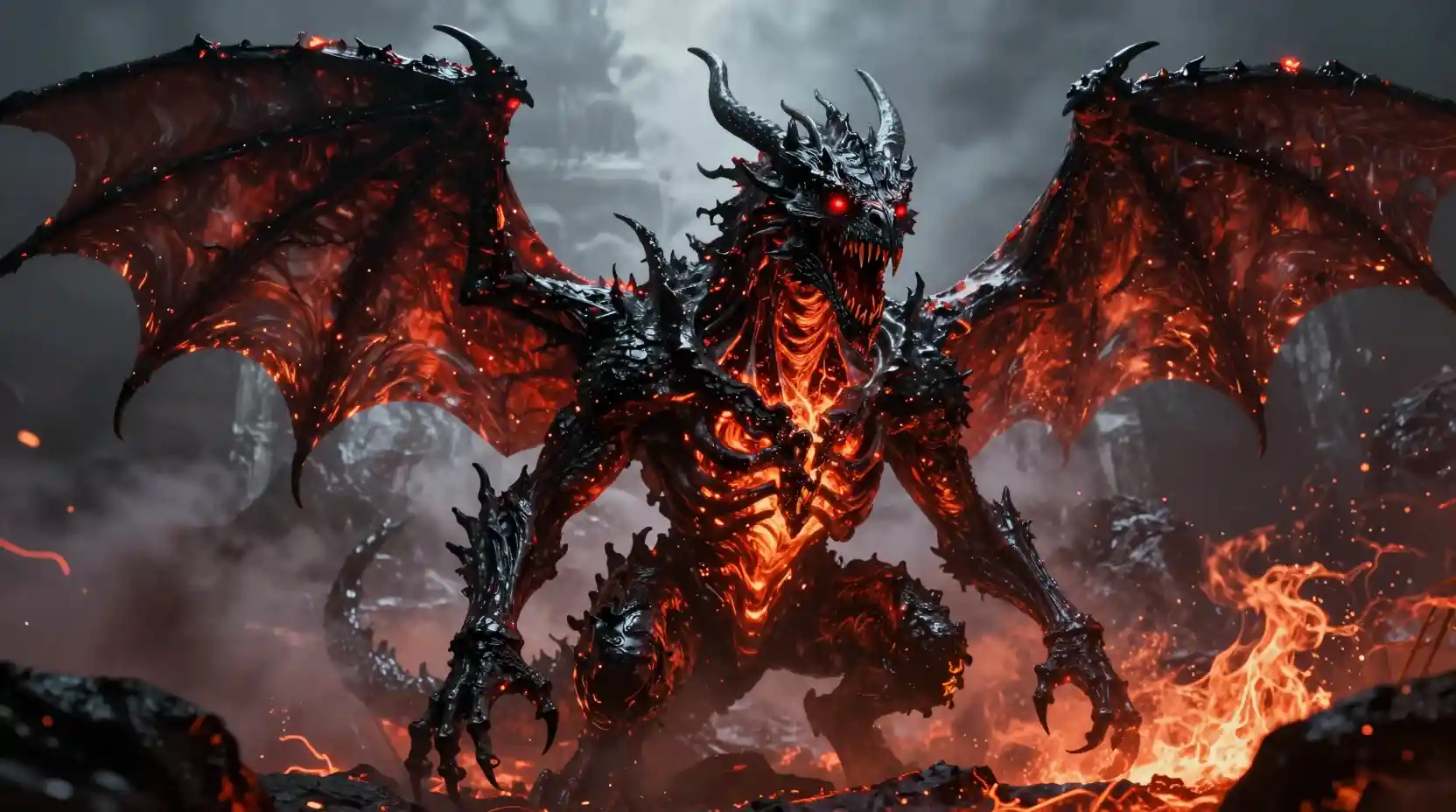 Höllischer Obsidian-Drache über brennender vulkanischer Ödnis