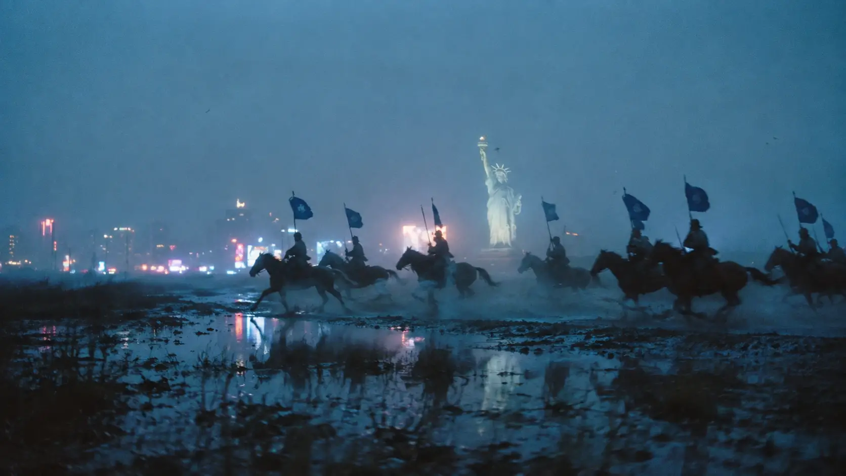 Silhouetted cavalry galloping through misty marsh at blue hour
