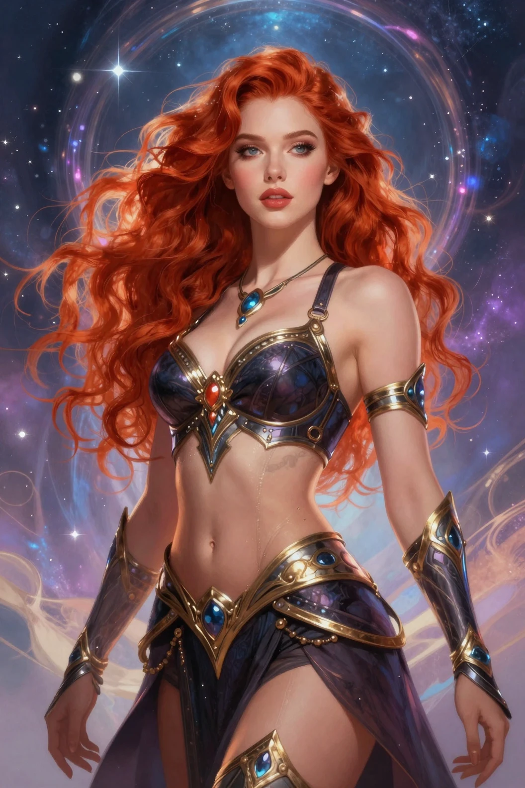 女神のようにポーズをとる赤髪のファンタジー女戦士