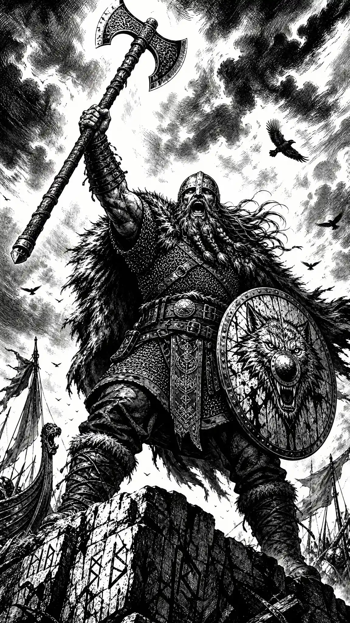 Legendary viking warrior raising axe atop shattered cliff