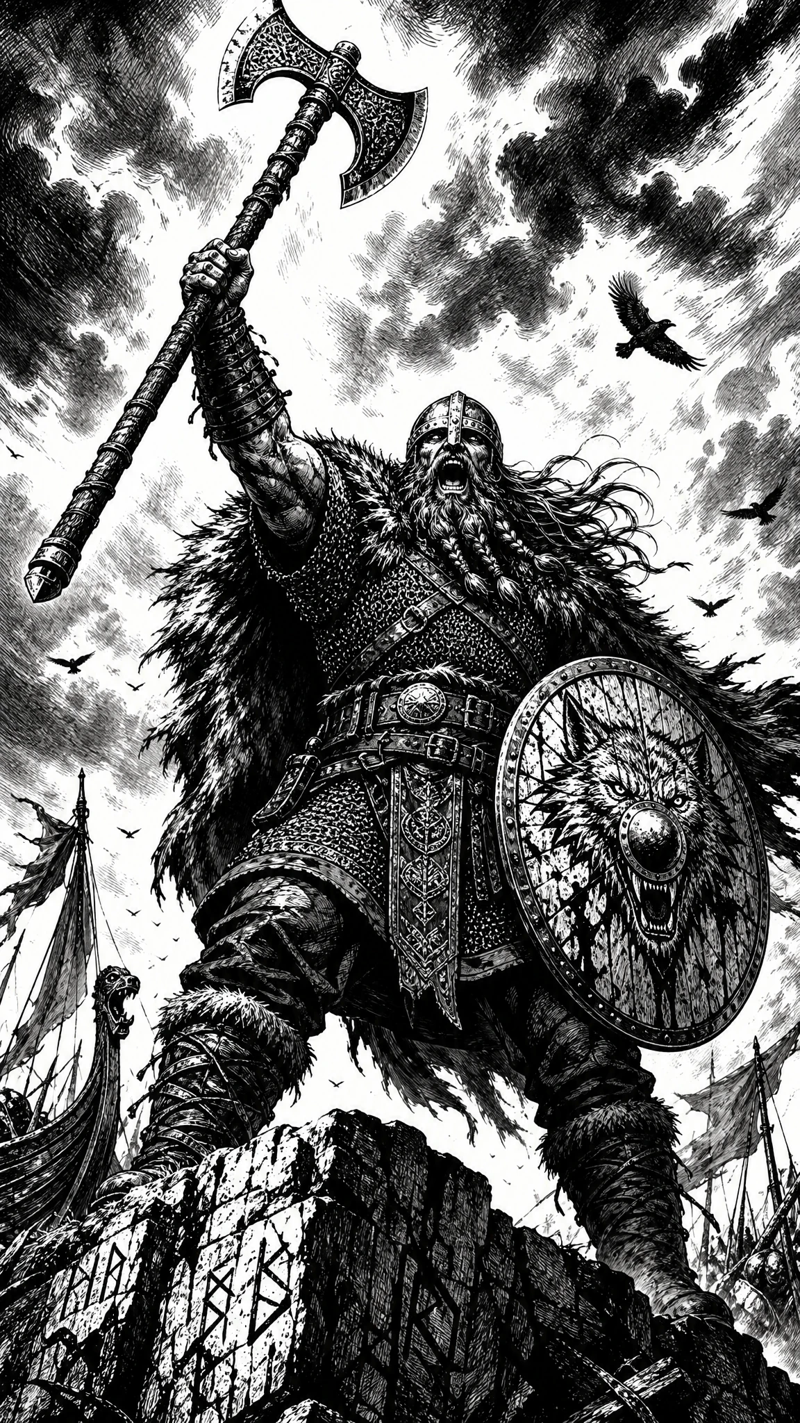 Legendary viking warrior raising axe atop shattered cliff
