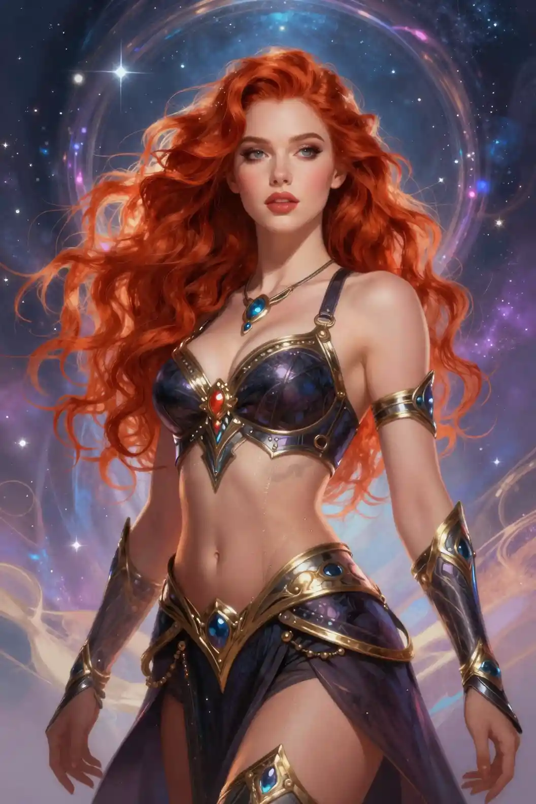 女神のようにポーズをとる赤髪のファンタジー女戦士