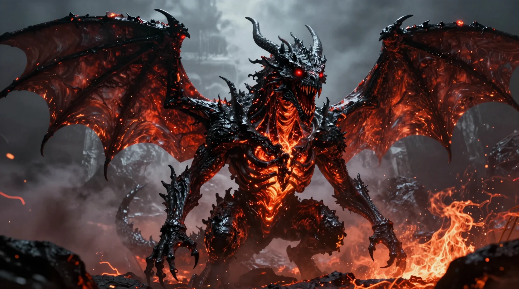 Infernal Obsidian Dragon Over Burning Volcanic Wasteland
