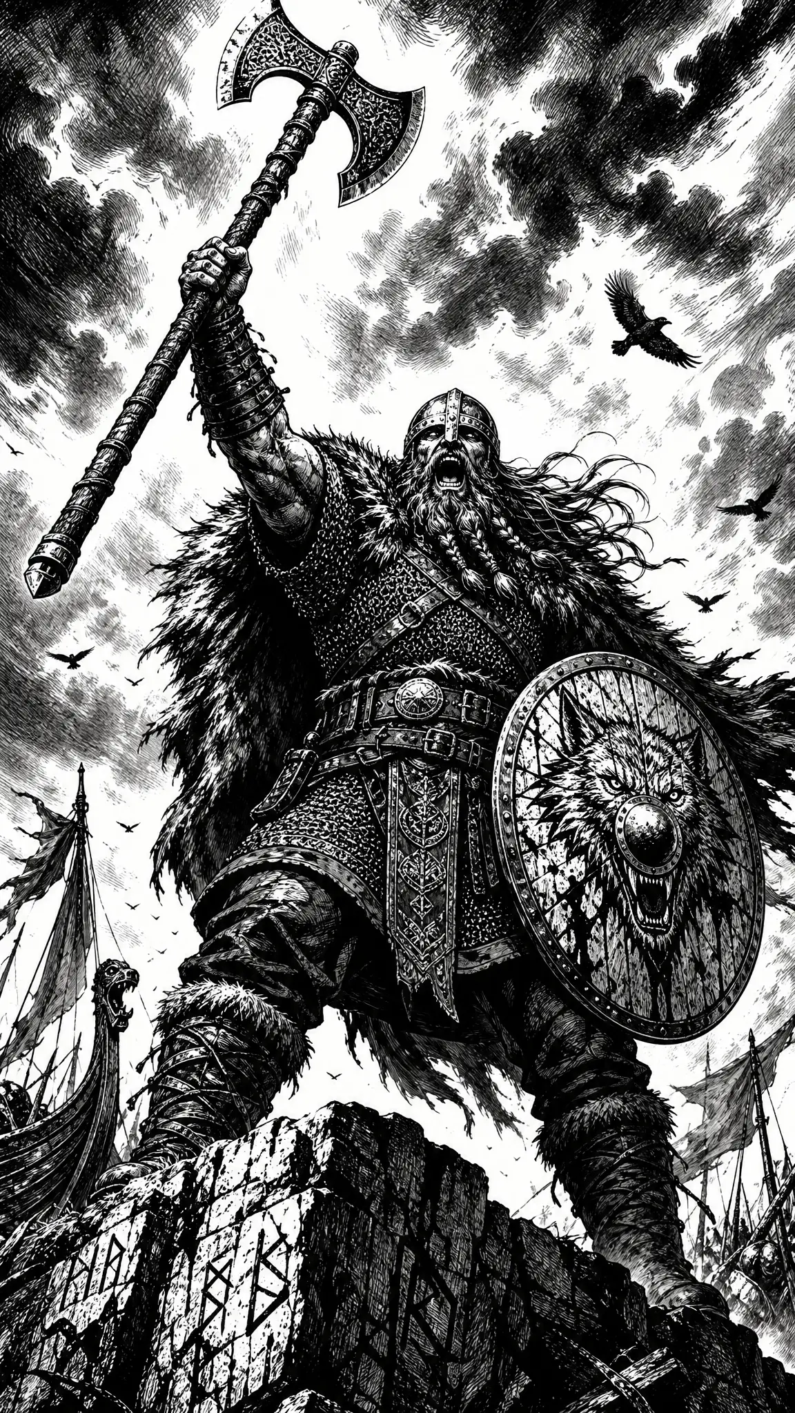 Guerrier viking légendaire levant sa hache au sommet d’une falaise brisée