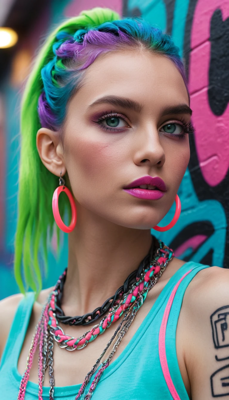 Retrato de moda em neon colorido de uma mulher tatuada e confiante