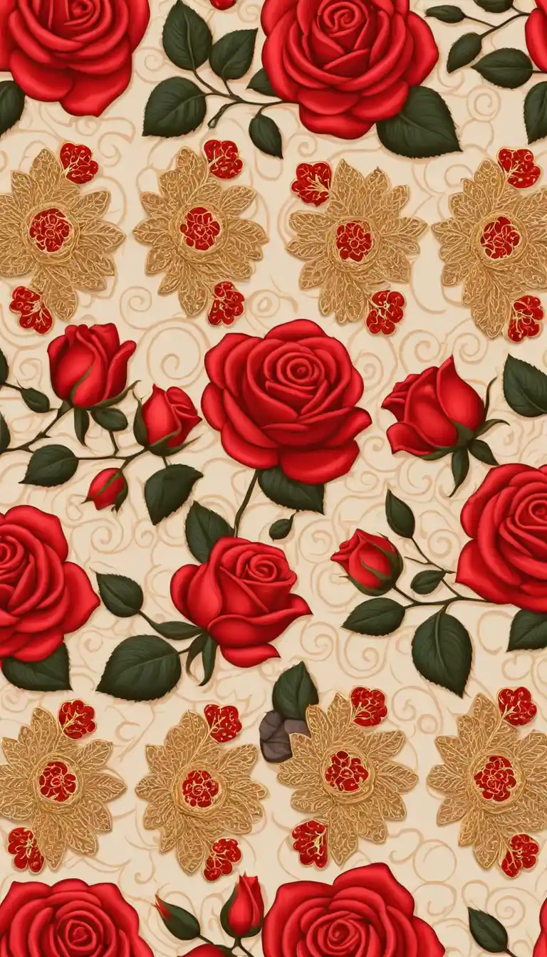Red and gold beads on beige khokhloma pattern background