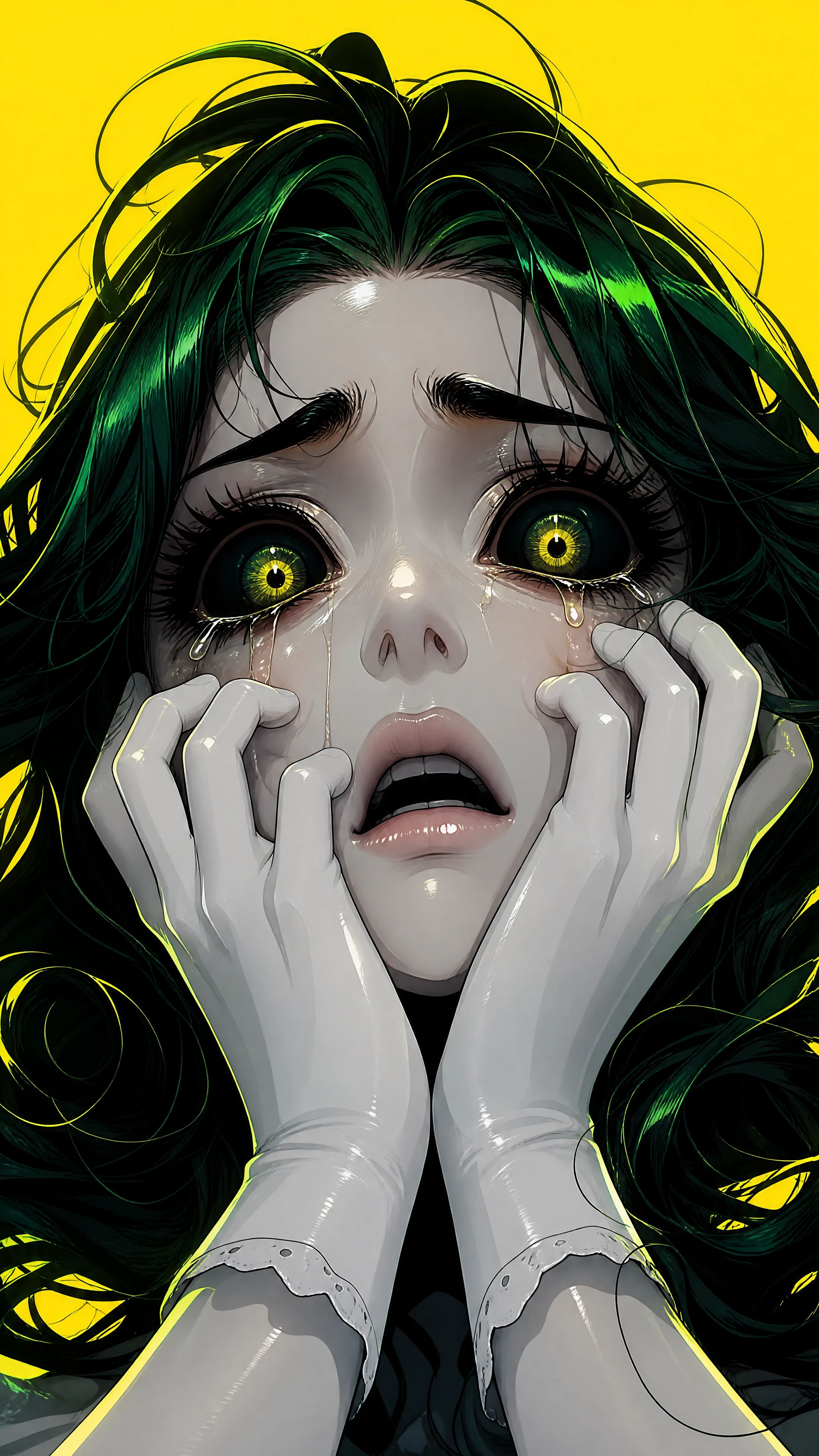 Chica asustada con ojos brillantes gigantes y manos de muñeca