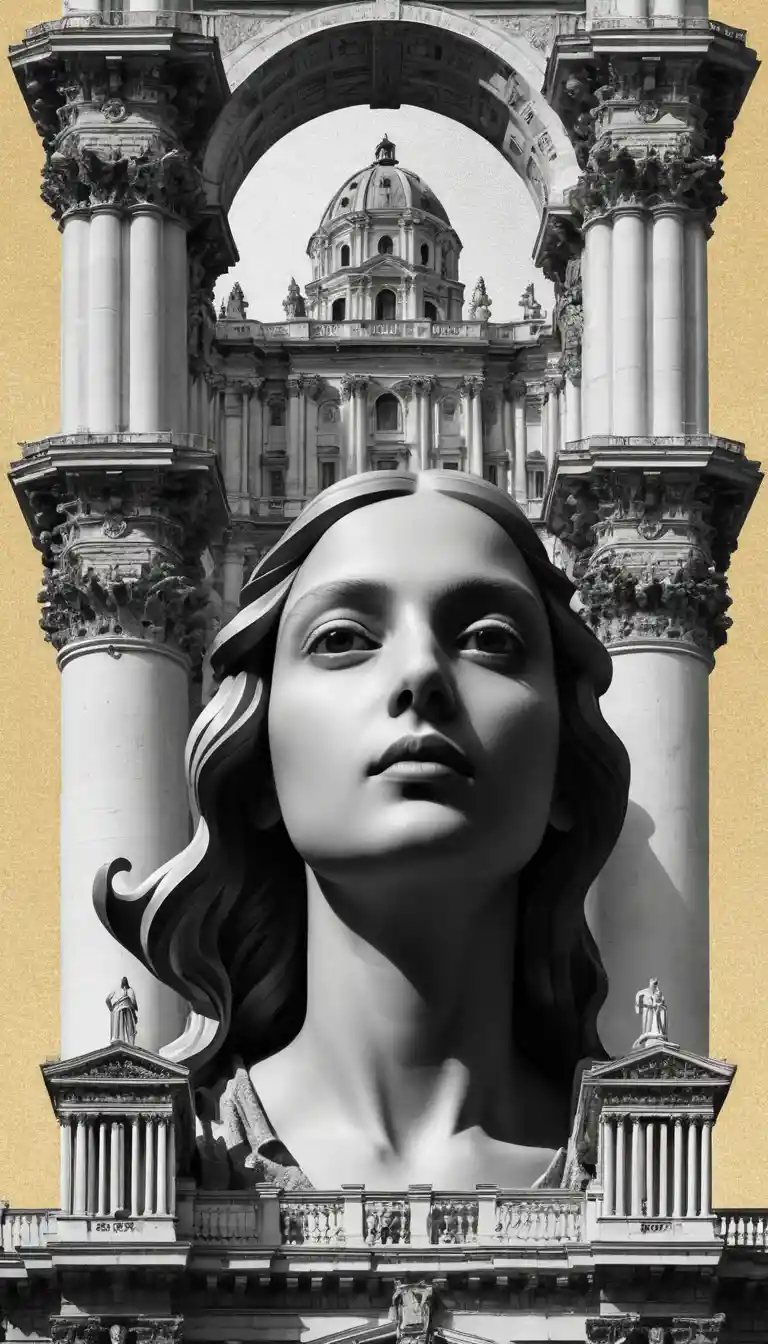 Retrato de chica arquitectónica en estilo collage en blanco y negro